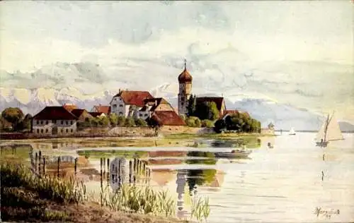 Künstler Ak Marschall, J., Wasserburg am Bodensee, Blick auf den Ort, Segelboot