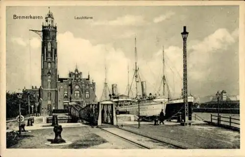 Ak Bremerhaven, Leuchtturm, Dampfschiffe, Ankerpoller