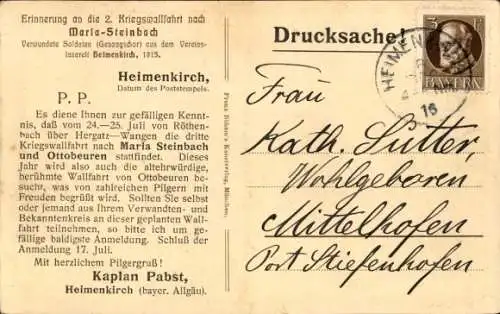 Ak Maria Steinbach Legau im Unterallgäu Schwaben, 2. Kriegs-Wallfahrt, Vereinslazarett Heimenkirch