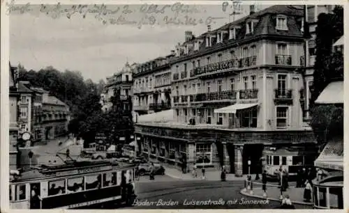 Ak Baden Baden am Schwarzwald, Luisenstraße mit Sinnereck, Straßenbahn