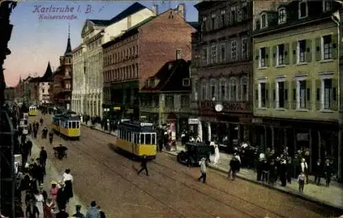 Ak Karlsruhe in Baden, Kaiserstraße, Straßenbahnen Linie 1