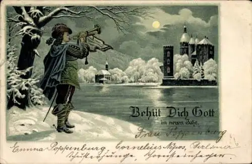 Mondschein Litho Glückwunsch Neujahr, Trompeter von Säckingen