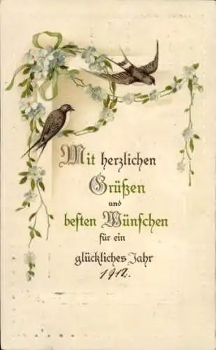 Präge Ak Glückwunsch Neujahr, Blumen, Vögel