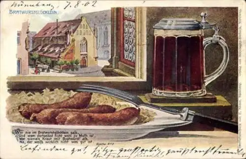 Ak Nürnberg in Mittelfranken, Bratwurstglöcklein, Maß Bier, Teller mit Bratwurst und Weißkraut