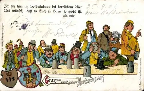 Ak München, Hofbräuhaus, Wappen, Biertrinkende Männer
