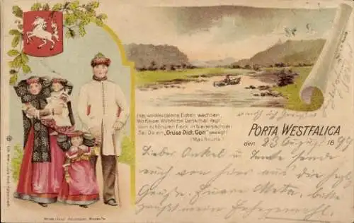 Ak Porta Westfalica an der Weser, Familie in Tracht, Wappen, Landschaft