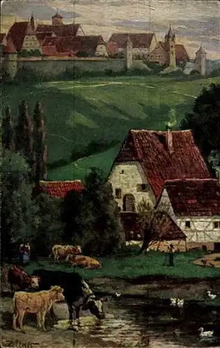 Künstler Ak Rothenburg ob der Tauber Mittelfranken, Blick von der Herrenmühle, Kühe