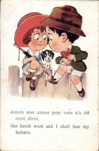 Künstler Ak Paar sitzt auf einem Zaun