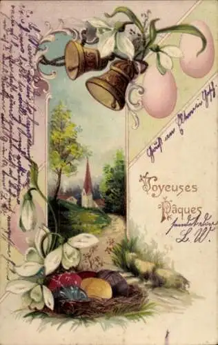 Präge Litho Glückwunsch Ostern, Glocken, Ostereier, Schneeglöckchen