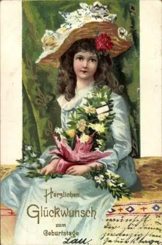 Litho Glückwunsch Geburtstag, Mädchen mit Hut und Blumenstrauß