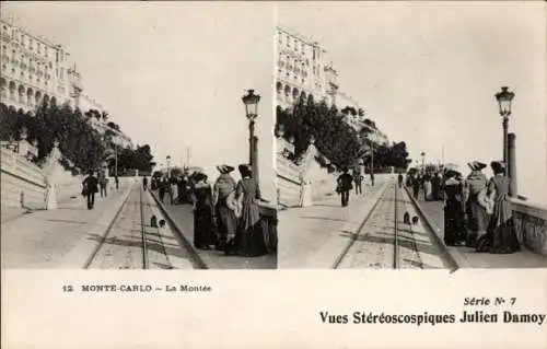 Stereo Ak Monte Carlo Monaco, La Montée, Straßenansicht, Schienen, Straßenlaterne, Julian Damoy