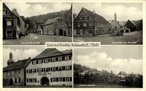 Ak Kasendorf in Oberfranken, Bayreuther Straße, Marktplatz mit Brunnen, Schwarzes Ross