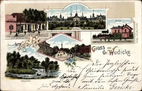 Litho Groß Wudicke Milower Land, Gasthof Zum Goldenen Stern, Bahnhof, Schloss