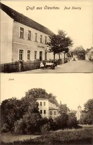 Ak Oelzschau Belgern Schildau in Nordsachsen, Straßenpartie, Gasthaus, Park