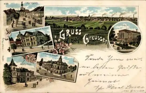 Litho Greußen Thüringen, Gasthof, Schule, Schützenhaus, Gasthaus z. Prinzen Leopold