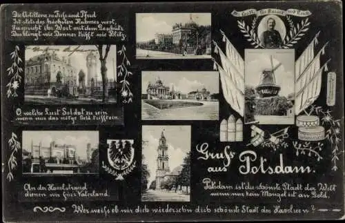 Ak Potsdam, Kaserne, Artillerie zu Fuß und Pferd, Garnisonkirche, Schloss, Windmühle, Wilhelm II.