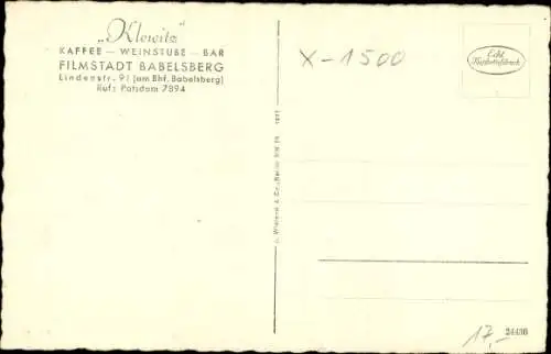 Ak Babelsberg Potsdam, Filmstadt, Café Weinstube Bar Klewitz, Lindenstraße 91, Schauspielerportraits