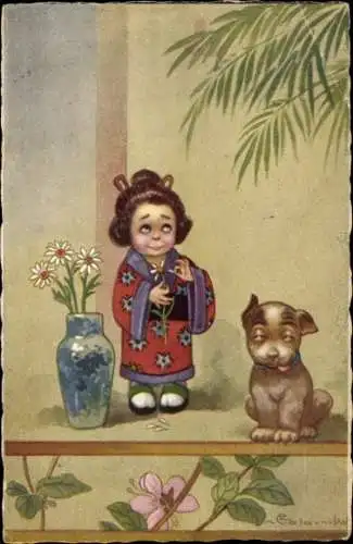Künstler Ak Comombo, E., Mädchen in Kimono, Hund, Blumen
