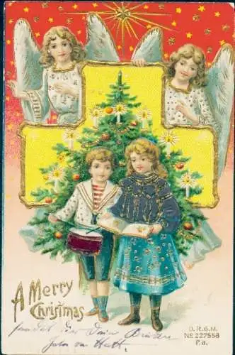 Präge Litho Glückwunsch Weihnachten, Kinder, Engel, Tannenbaum