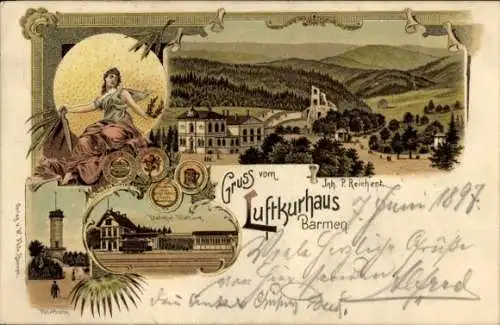 Litho Barmen Wuppertal, Luftkurhaus, Tölleturm, Bahnhof