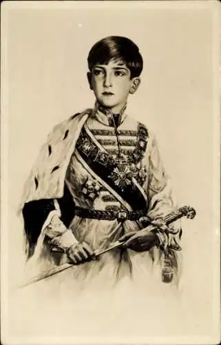 Künstler Ak Prinz Peter II. von Jugoslawien, Porträt, Schwert