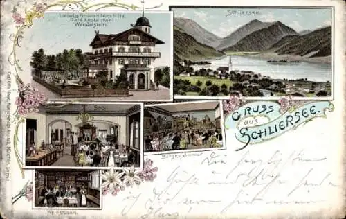 Litho Schliersee in Oberbayern, Ludwig Anwanders Hotel Café Restaurant Wendelstein, Panorama