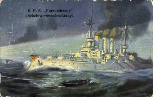 Künstler Ak Bayerlein, Deutsches Kriegsschiff, SMS Braunschweig, Nachtbeleuchtung