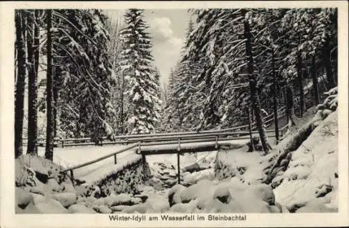 Ak Schlesien, Winter im Isergebirge, Wasserfall im Steinbachtal