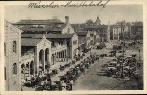 Ak München Bayern, Blick auf den Bahnhof, Straßenseite, Bahnhofplatz, Kutschen