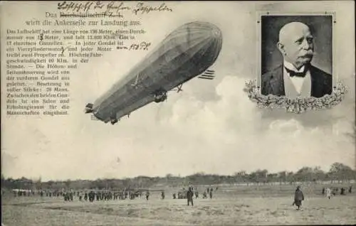 Ak Reichsluftschiff Z 1 wirft die Ankerseile zur Landung aus, Ferdinand Graf von Zeppelin