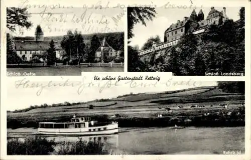 Ak Kettwig Essen im Ruhrgebiet, Schloss Oefte, Schloss Landsberg, Boot auf der Ruhr