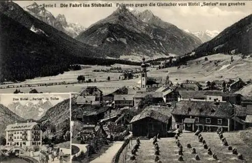 Ak Fulpmes in Tirol, Gesamtansicht, Gletscher, Hotel Serles