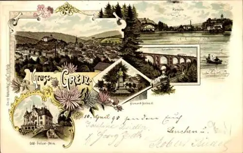 Litho Greiz im Vogtland, Parksee, Eisenbahnbrücke, Bismarckdenkmal
