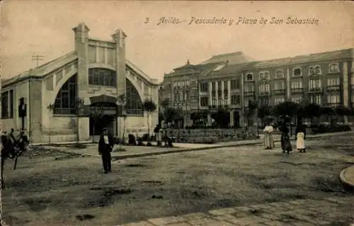 Ak Avilés Asturias, Pescaderia y Plaza de San Sebastian