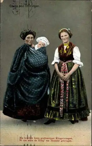 Set von 6 Ansichtskarten Trachten Thüringen, Spinnrad, Essen