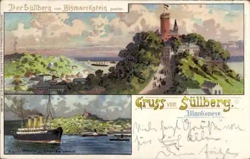 Litho Hamburg Altona Blankenese, Süllberg, Bismarckstein, Dampfer Auguste Victoria