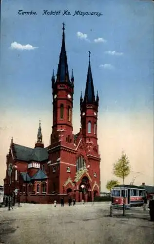 Ak Tarnów Tarnau Polen, Kirche, Straßenbahn