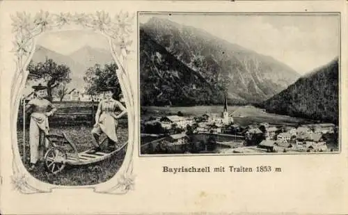 Ak Bayrischzell im Mangfallgebirge Oberbayern, Gesamtansicht, Berg Traiten, Arbeiterinnen in Tracht