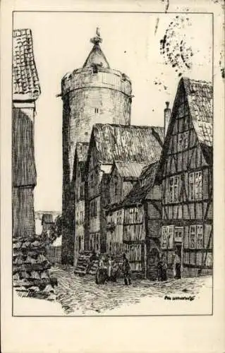 Ak Alsfeld in Hessen, Federzeichnung von Otto Ubbelohde, Untere Fuldergasse, Turm, Fachwerkhäuser