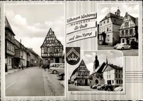Ak Kirchberg im Hunsrück, Wappen, Fachwerkhaus, Autos, Kirche