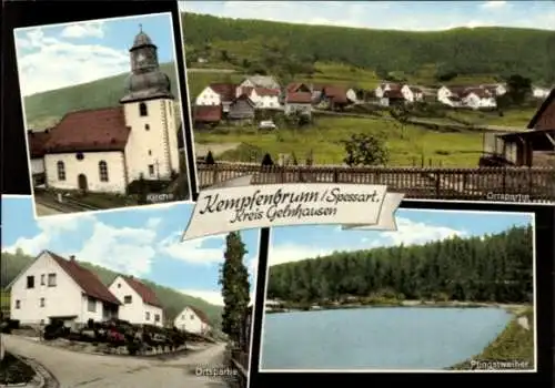 Ak Kempfenbrunn Flörsbachtal im Spessart, Kirche, Pfingstweiher