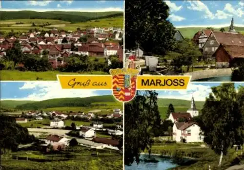 Ak Marjoß Marjoss Steinau an der Straße Hessen, Wappen, Teilansicht, Kirche, Fachwerkhaus