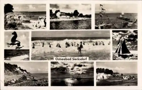 Ak Ostseebad Sierksdorf in Holstein, Strand, Teilansichten, Campingplatz, Segelboot