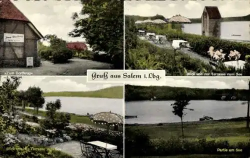 Ak Salem in Lauenburg, zum Dorfkrug, Fachwerkhaus, Blick zum See