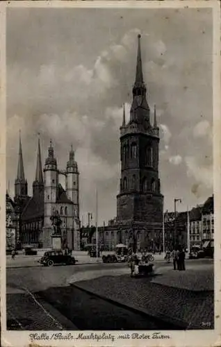Ak Halle an der Saale, Marktplatz, roter Turm, Autos, Kirche