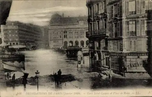 Ak Paris X, Gare Saint Lazare und Place de Rome, Überschwemmungen 1910
