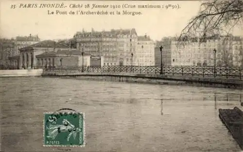 Ak Paris I. Arrondissement Louvre, Die Pont de l'Archevêche und die Leichenhalle, Die Flut 1910