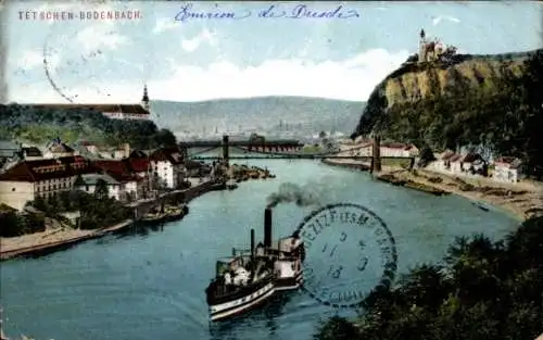 Ak Děčín Tetschen Bodenbach Elbe Reg. Aussig, Flusspartie mit Blick auf die Stadt, Dampfer