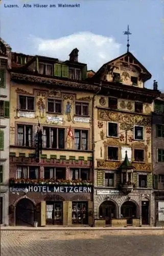 Ak Luzern Stadt Schweiz, Alte Häuser am Weinmarkt, Hotel Metzgern, Apotheke