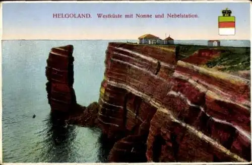Ak Helgoland, Westküste mit Nonne und Nebelstation, Wappen